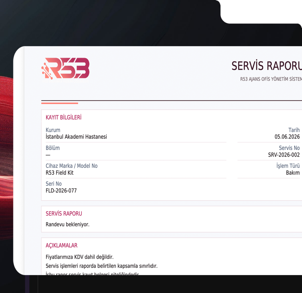 Ofis yönetim sistemi servis raporu ekranı